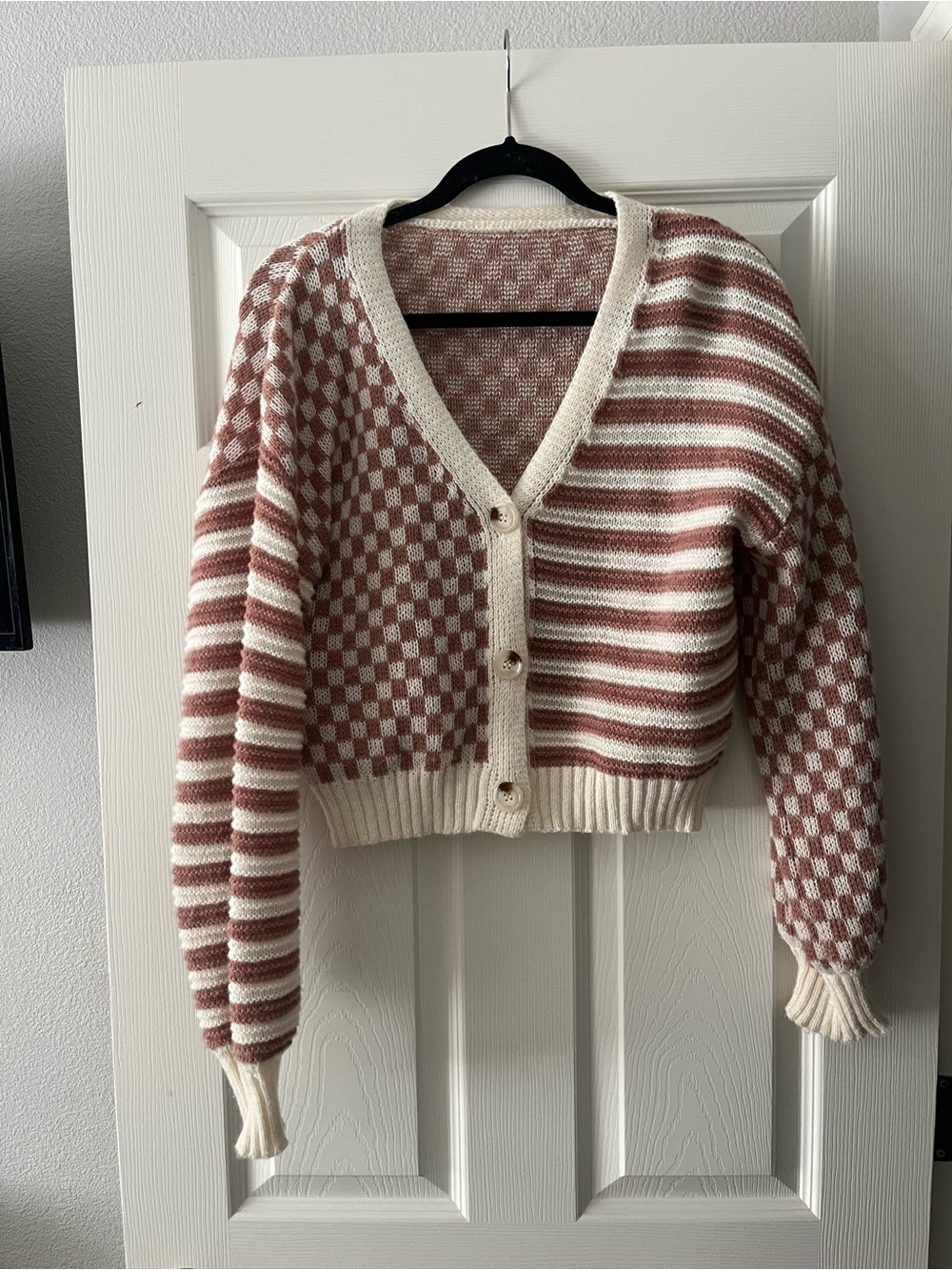 SHEIN Dusty Rose & Cream Striped Check V-Neck Cardigan